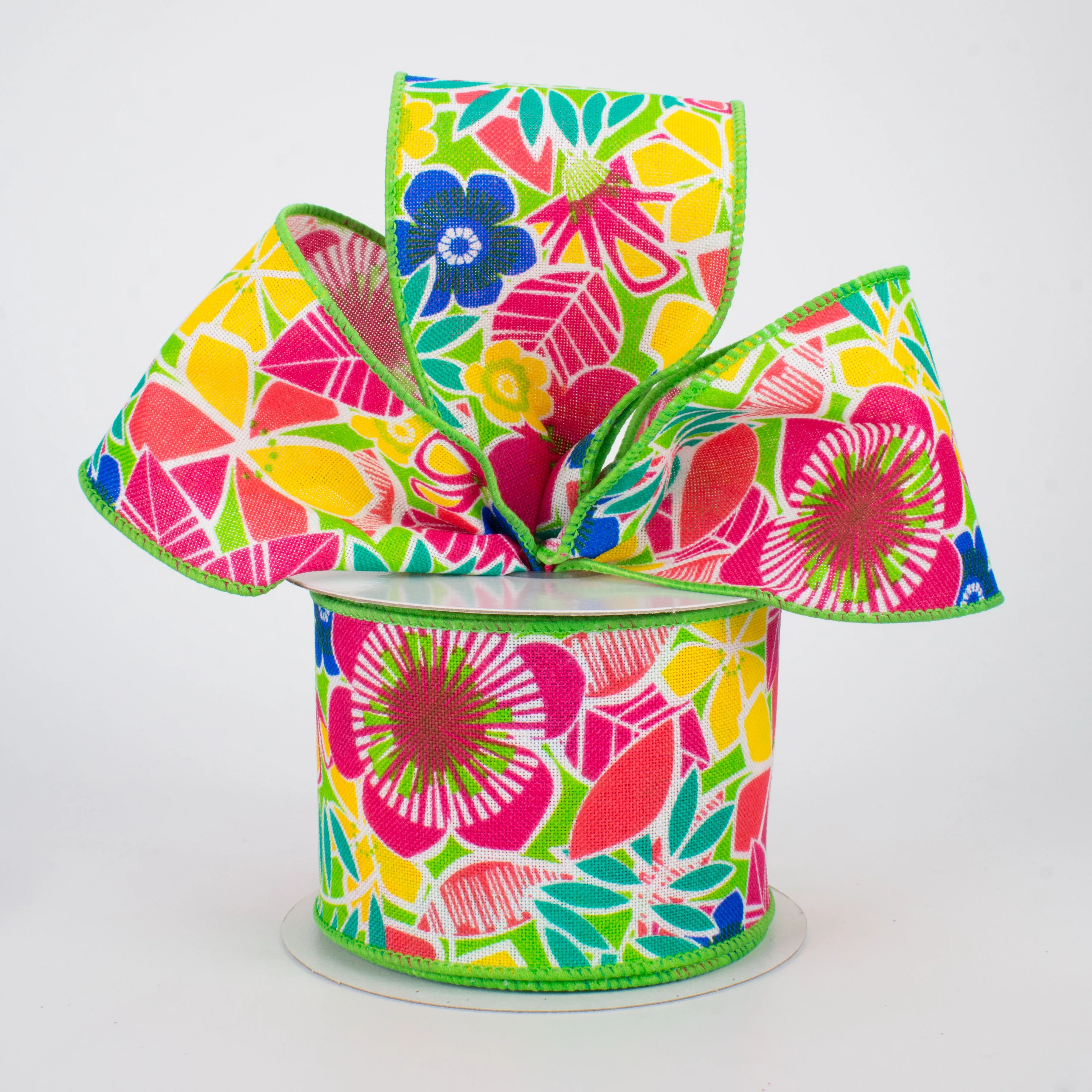 2.5" Tropical Flowers Ribbon: Lime (10 Yards)