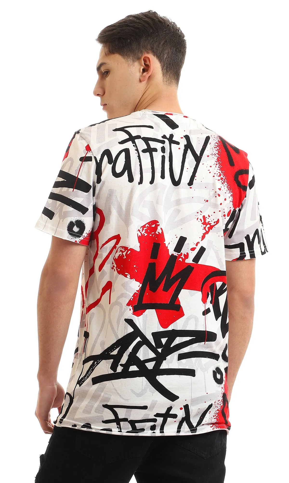 97183 Graffiti Printed Short Sleeves T-Shirt - Red & Black