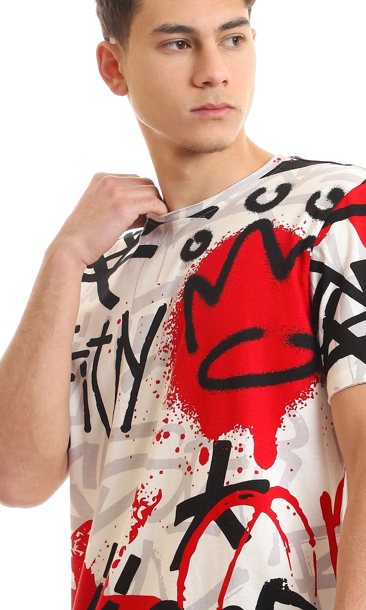 97183 Graffiti Printed Short Sleeves T-Shirt - Red & Black