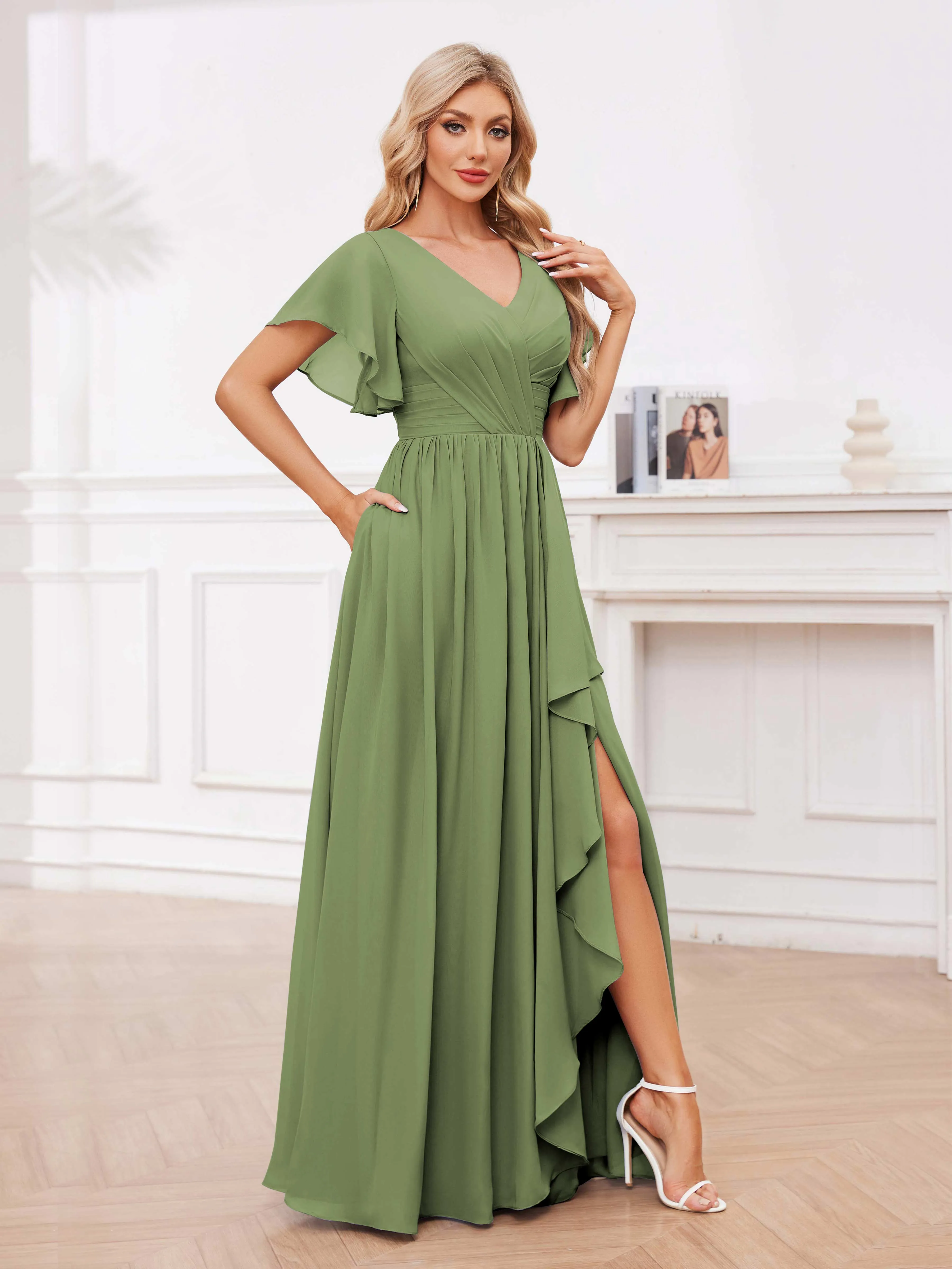 Adrianna Flowing A-Line Pleated Long Chiffon Bridesmaid Dresses