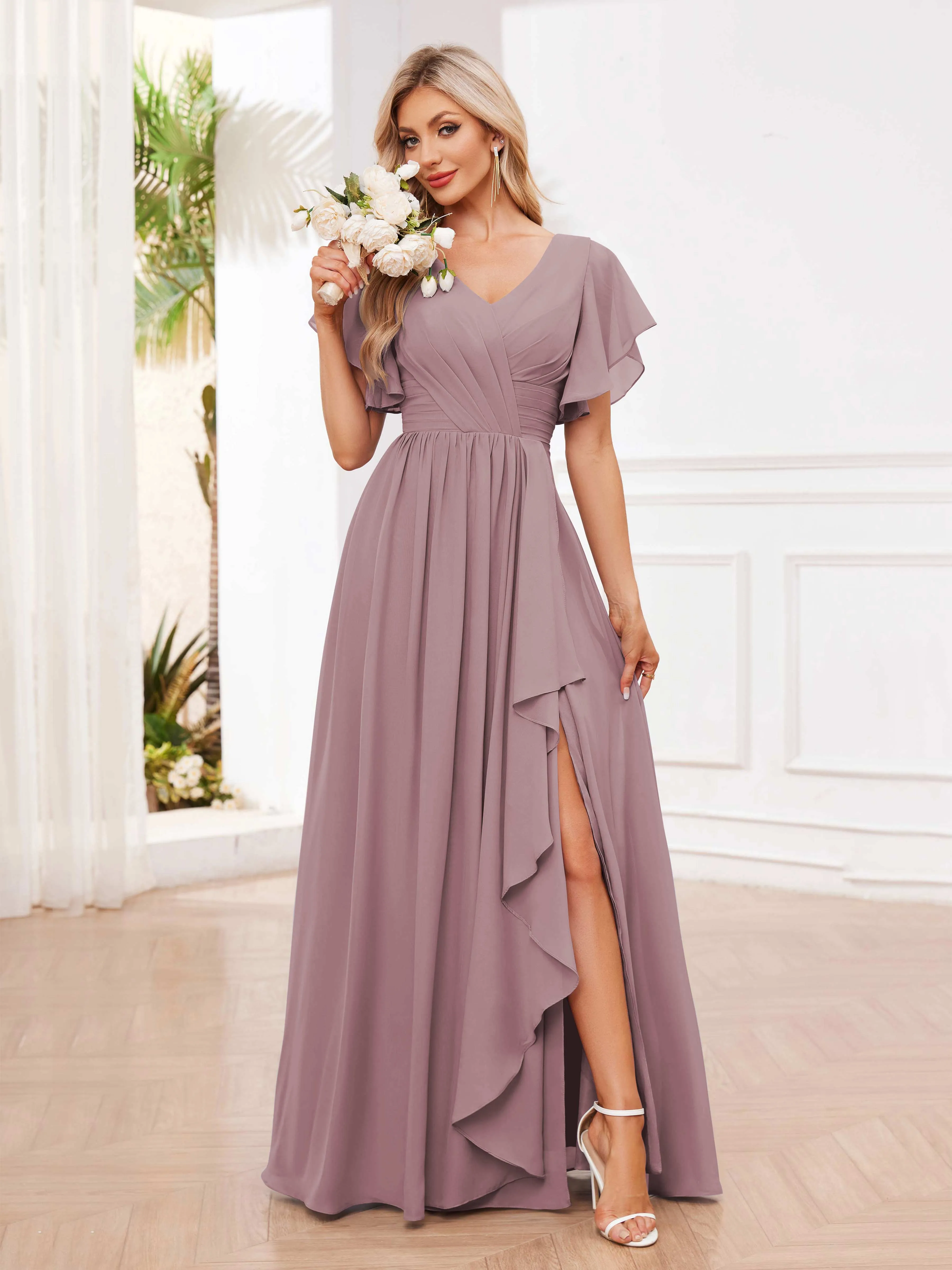 Adrianna Flowing A-Line Pleated Long Chiffon Bridesmaid Dresses