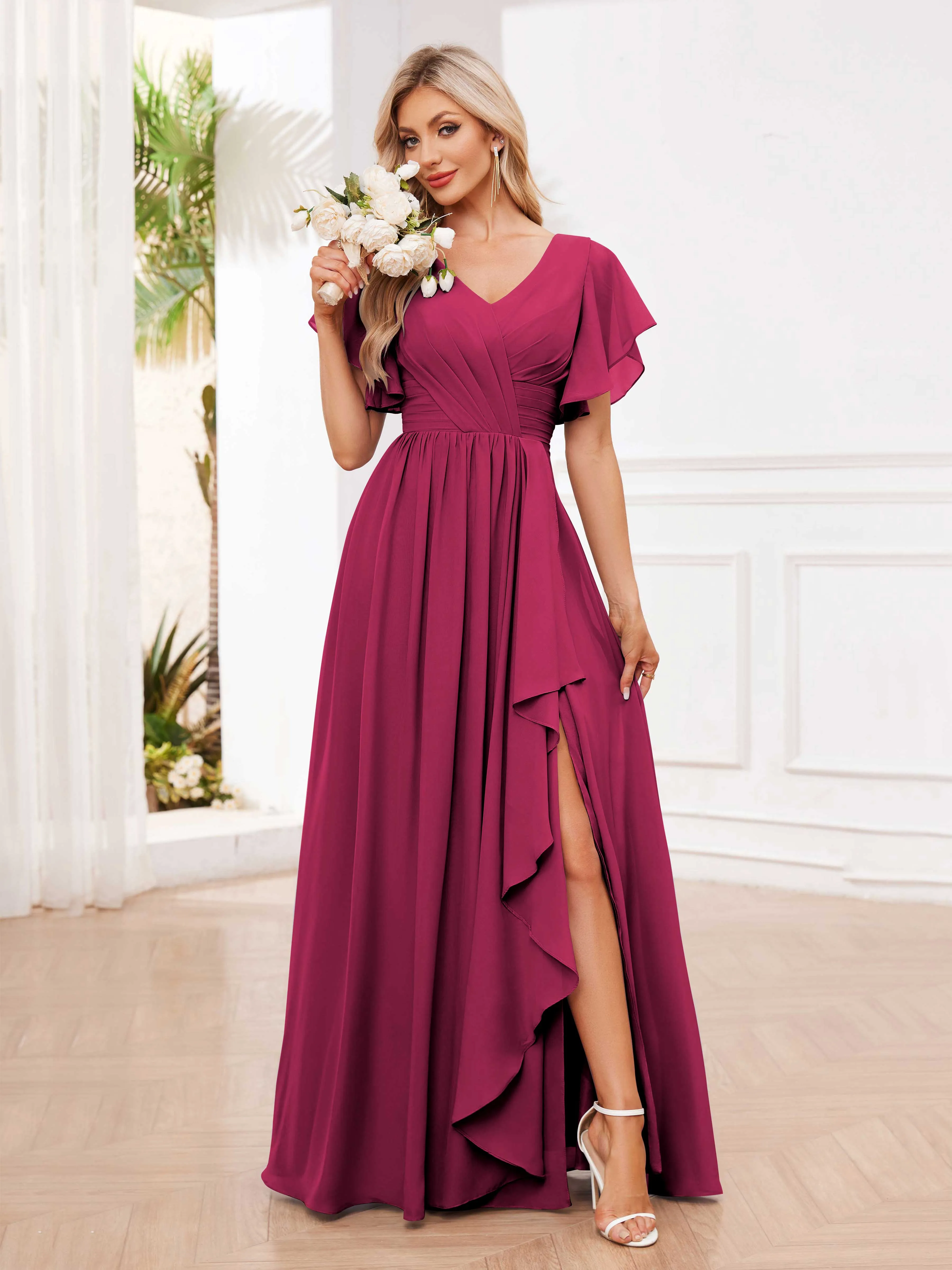 Adrianna Flowing A-Line Pleated Long Chiffon Bridesmaid Dresses