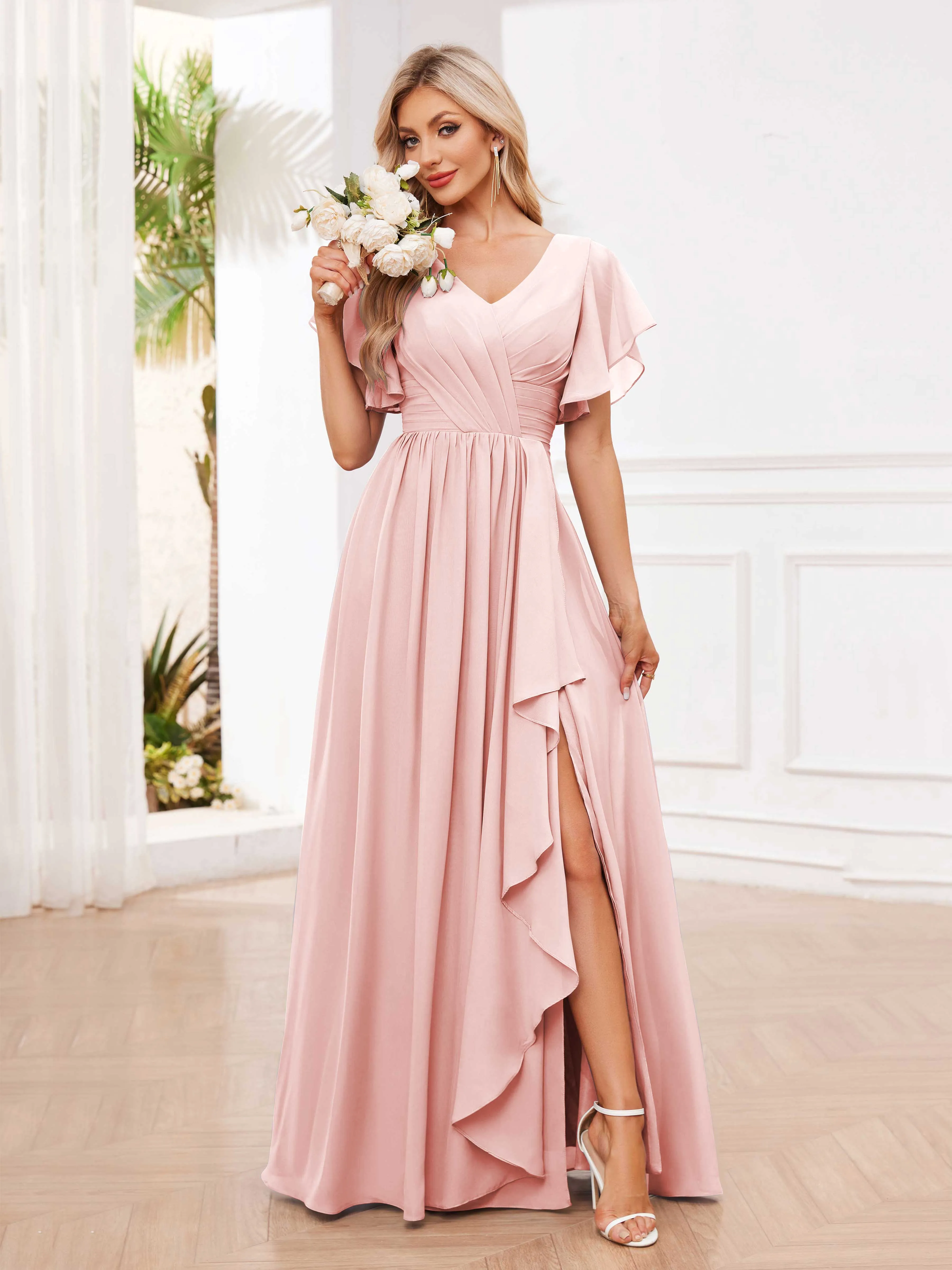 Adrianna Flowing A-Line Pleated Long Chiffon Bridesmaid Dresses