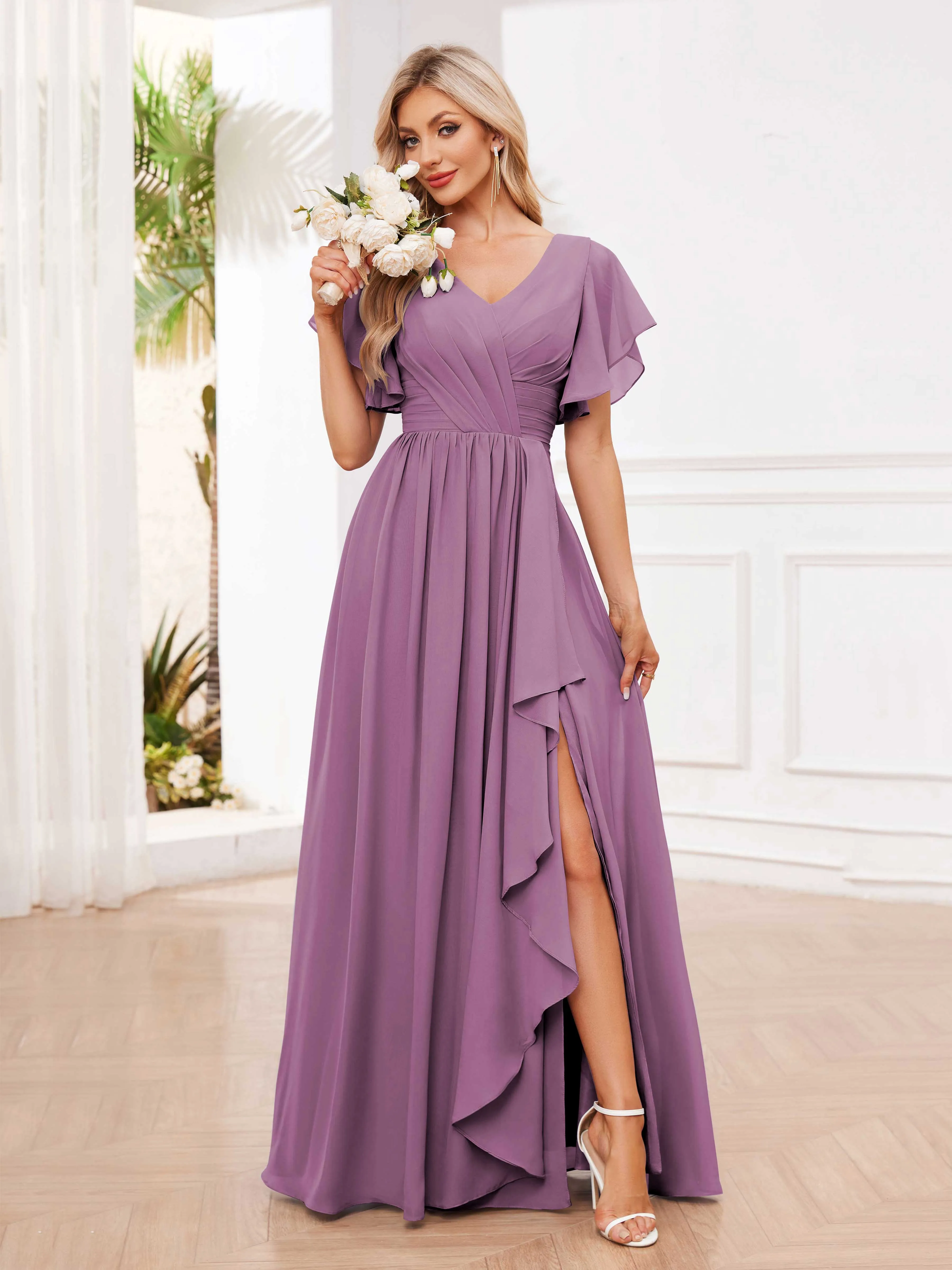 Adrianna Flowing A-Line Pleated Long Chiffon Bridesmaid Dresses