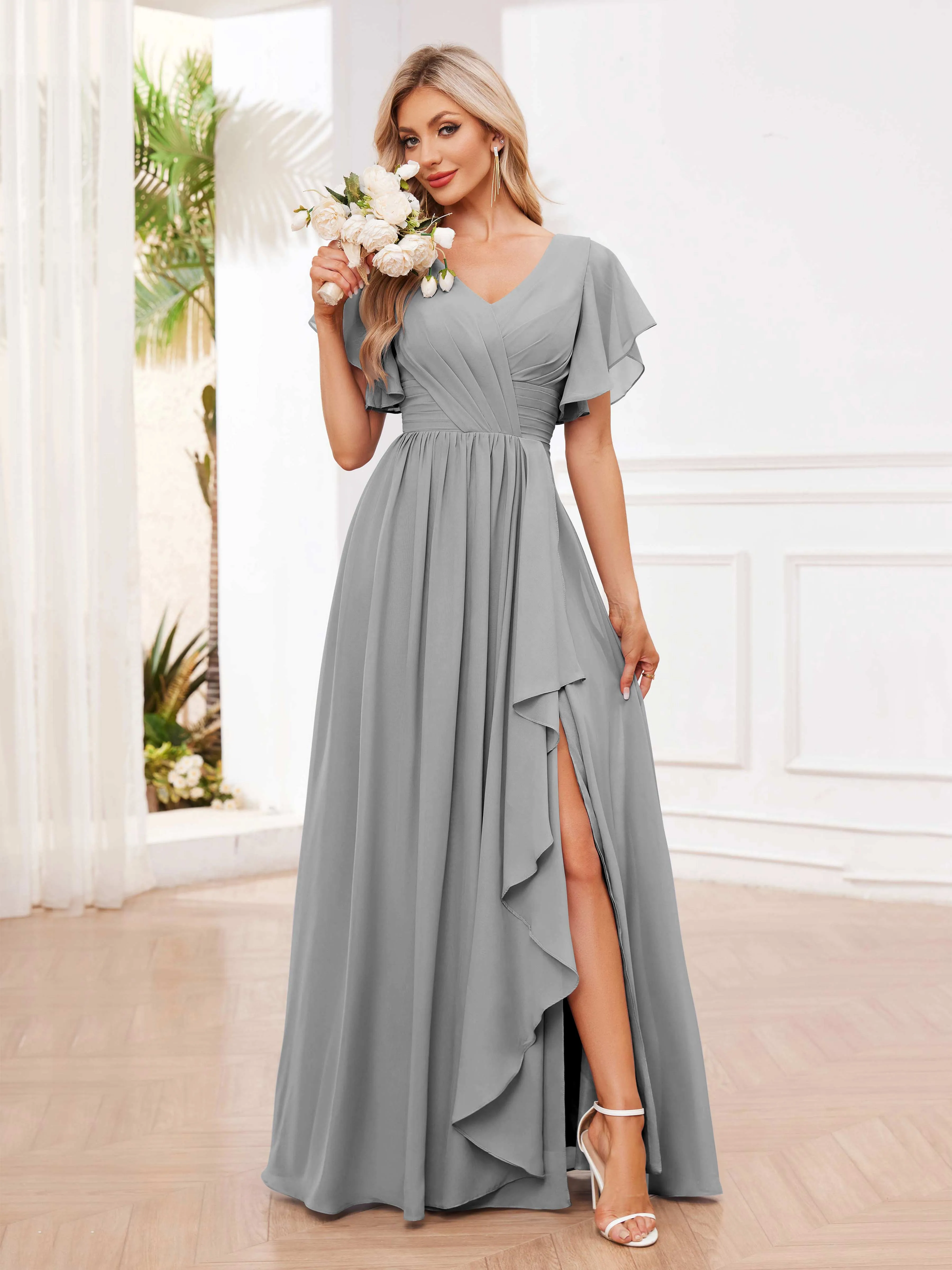 Adrianna Flowing A-Line Pleated Long Chiffon Bridesmaid Dresses