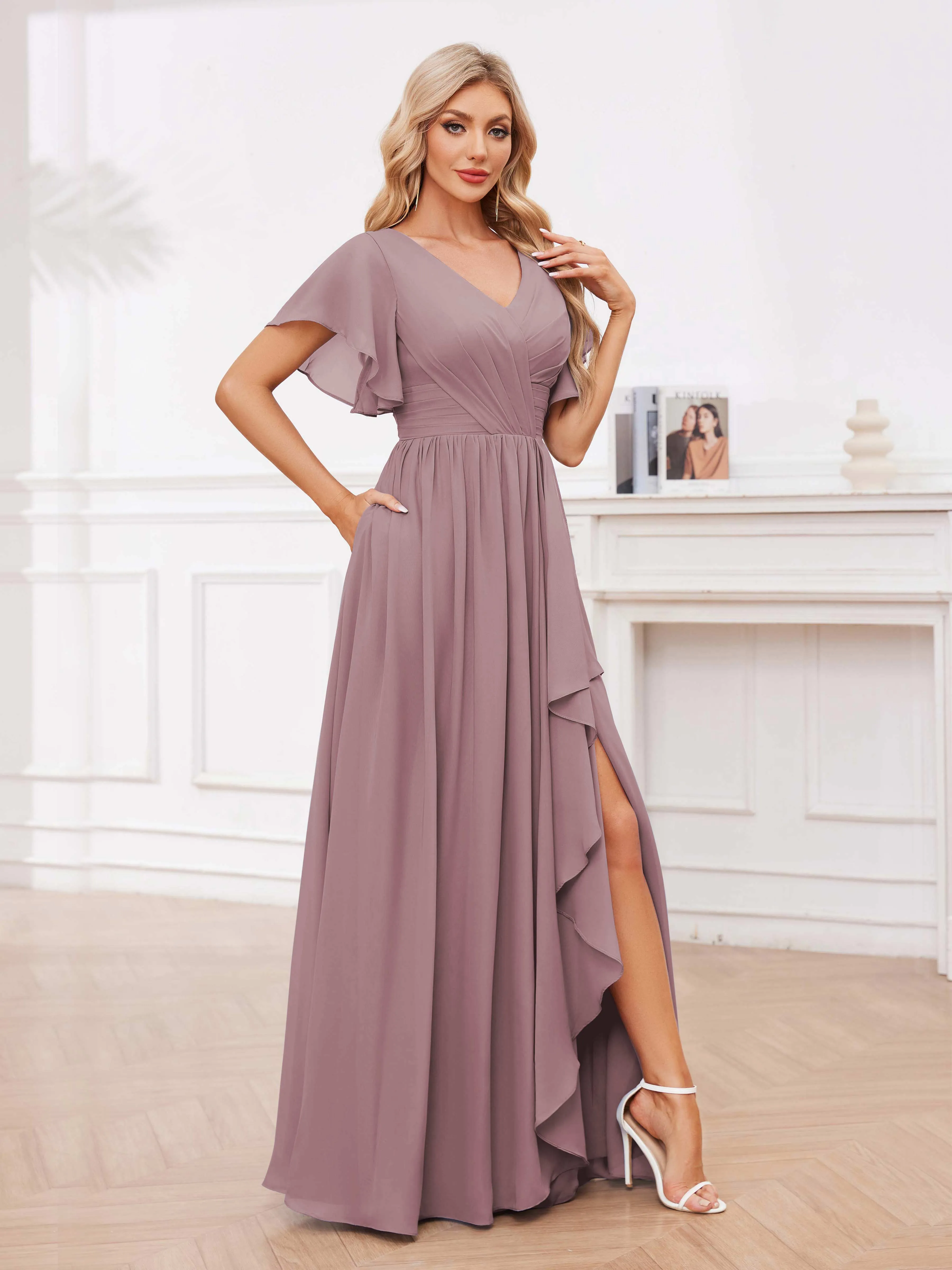 Adrianna Flowing A-Line Pleated Long Chiffon Bridesmaid Dresses