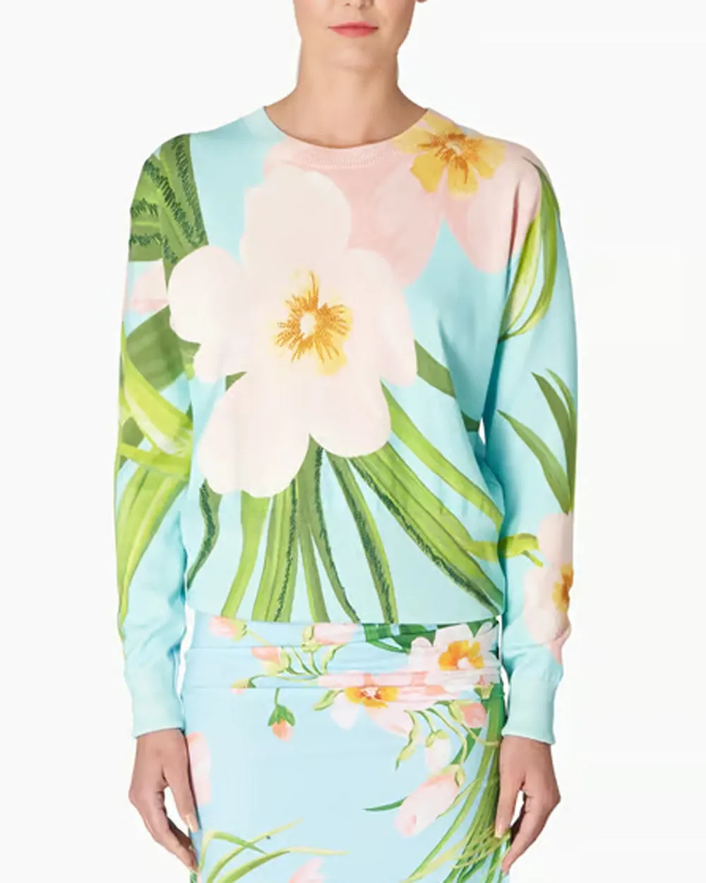 Aquamarine Tropical Print Long Sleeve Crewneck Sweater