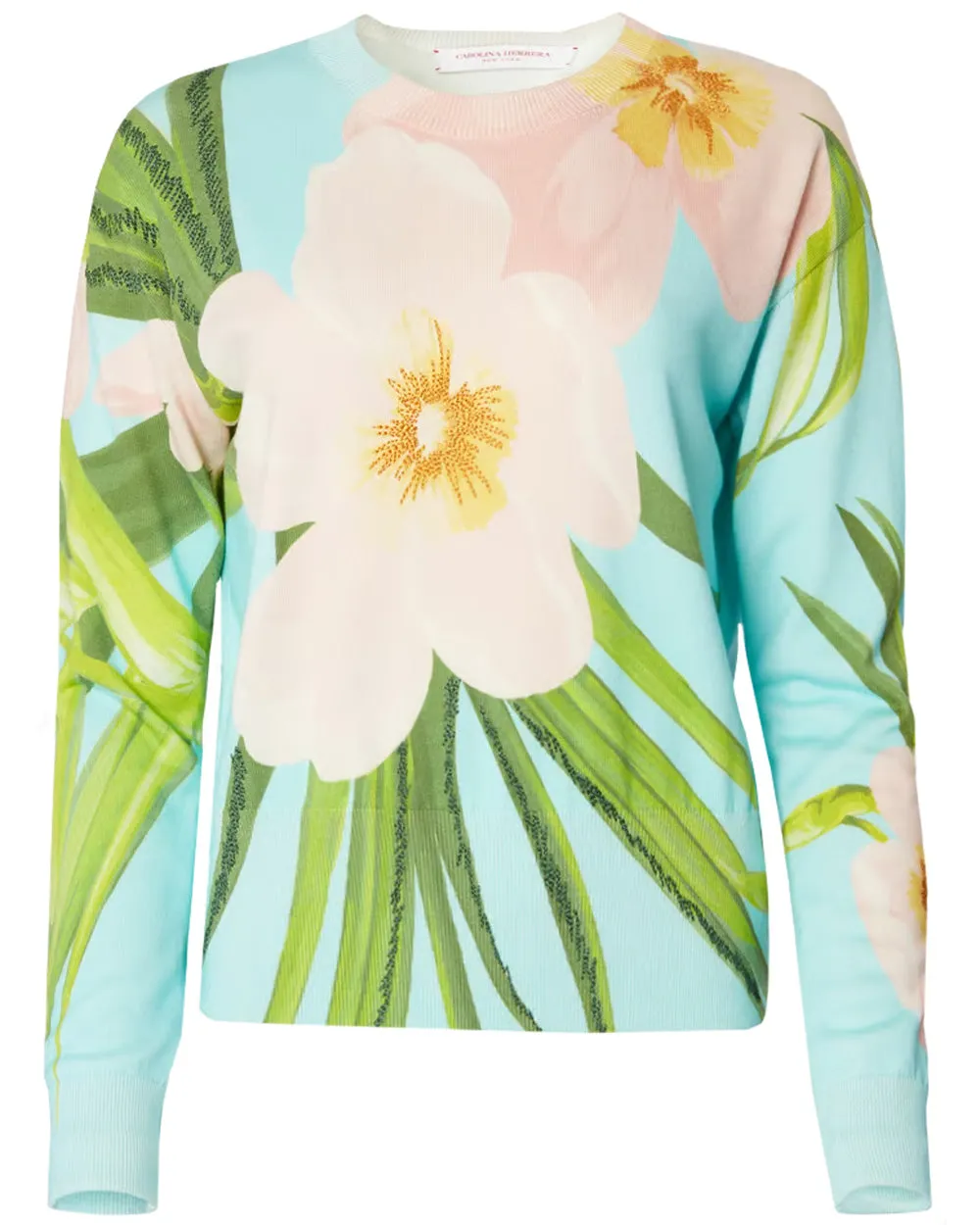 Aquamarine Tropical Print Long Sleeve Crewneck Sweater