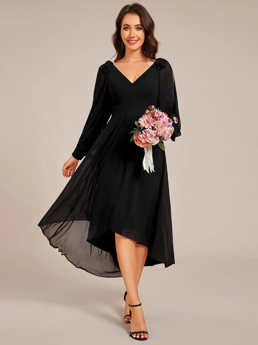 Audrey | Long Sleeve V-Neck Midi Asymmetrical Hem Chiffon Bridesmaid Dress