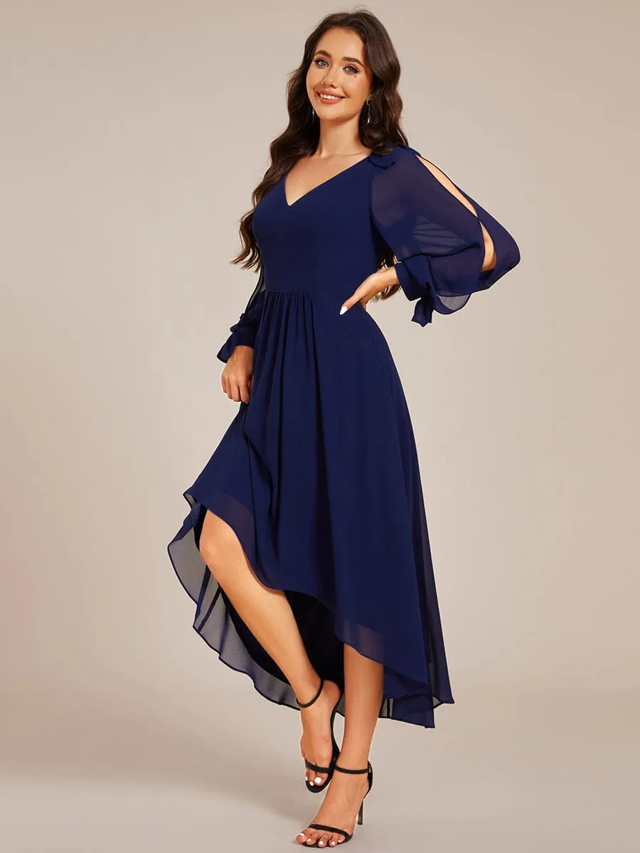 Audrey | Long Sleeve V-Neck Midi Asymmetrical Hem Chiffon Bridesmaid Dress