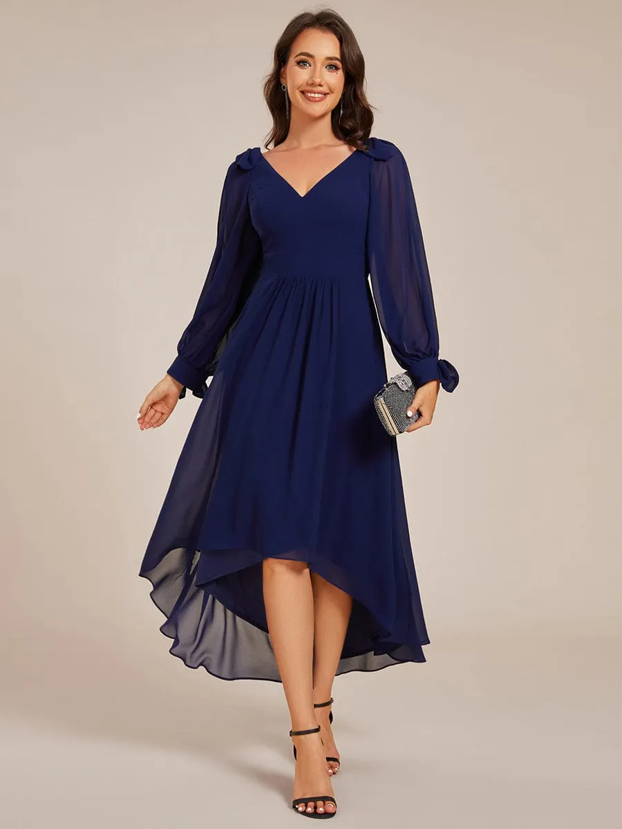 Audrey | Long Sleeve V-Neck Midi Asymmetrical Hem Chiffon Bridesmaid Dress