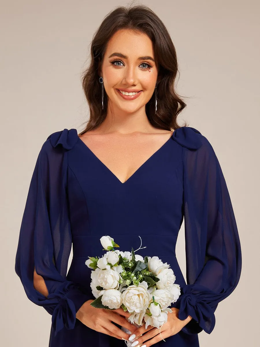 Audrey | Long Sleeve V-Neck Midi Asymmetrical Hem Chiffon Bridesmaid Dress