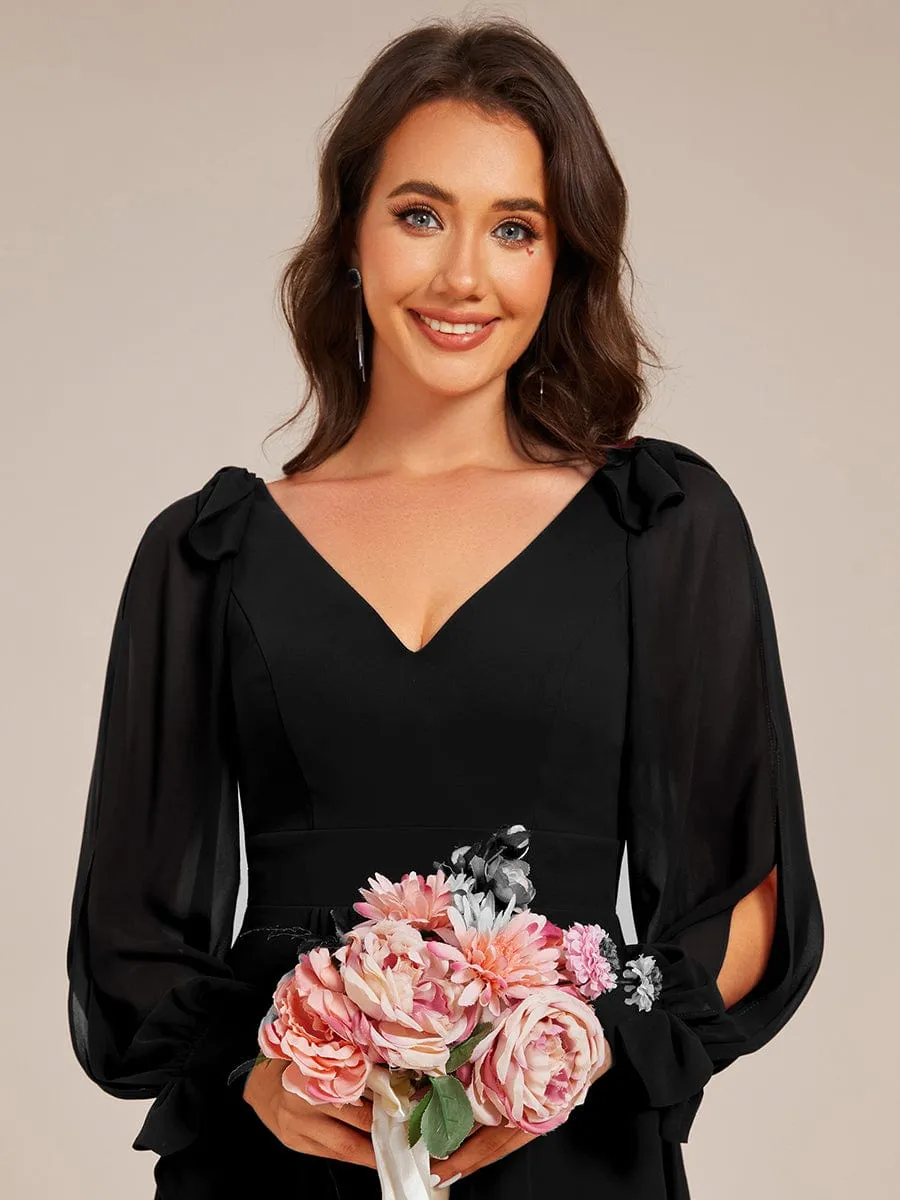 Audrey | Long Sleeve V-Neck Midi Asymmetrical Hem Chiffon Bridesmaid Dress