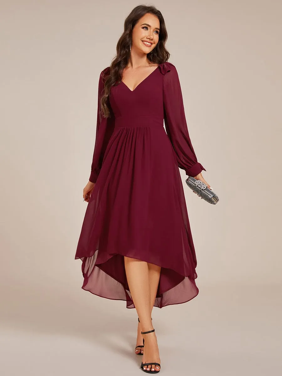 Audrey | Long Sleeve V-Neck Midi Asymmetrical Hem Chiffon Bridesmaid Dress