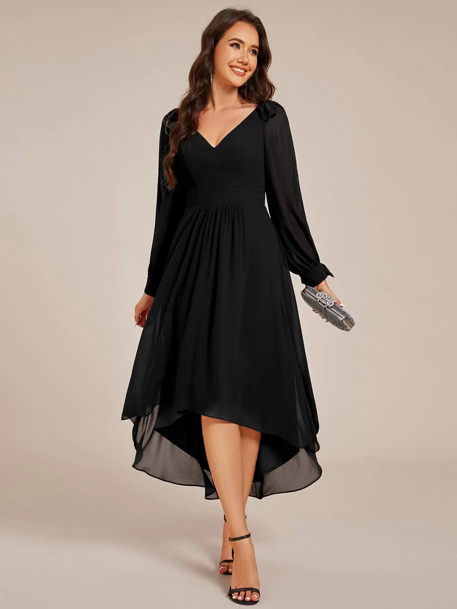 Audrey | Long Sleeve V-Neck Midi Asymmetrical Hem Chiffon Bridesmaid Dress