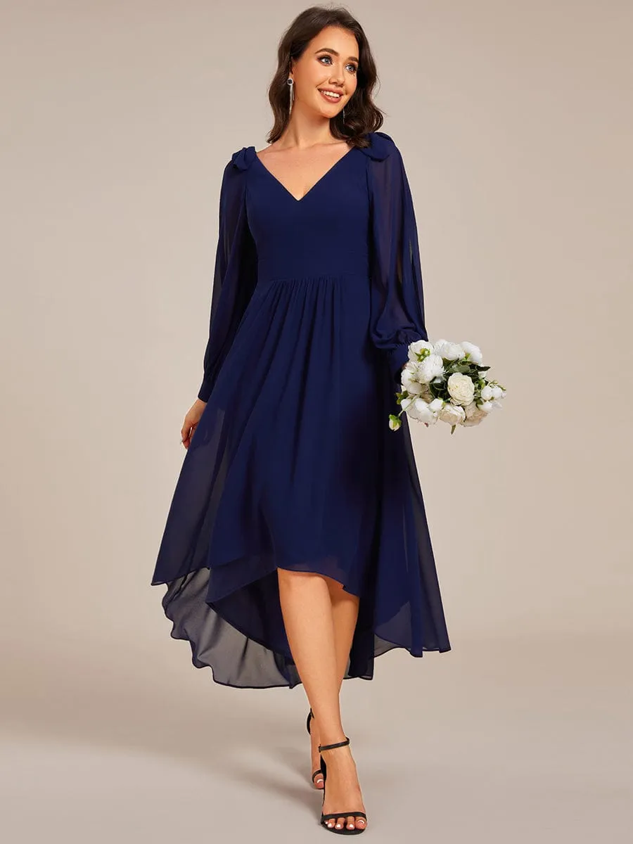 Audrey | Long Sleeve V-Neck Midi Asymmetrical Hem Chiffon Bridesmaid Dress