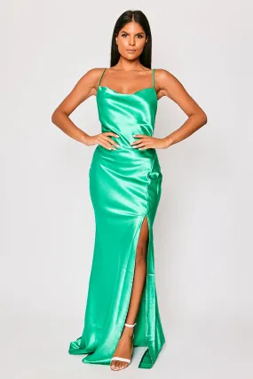 Aurora - Green Satin Backless Cowl Neck Evening Dress