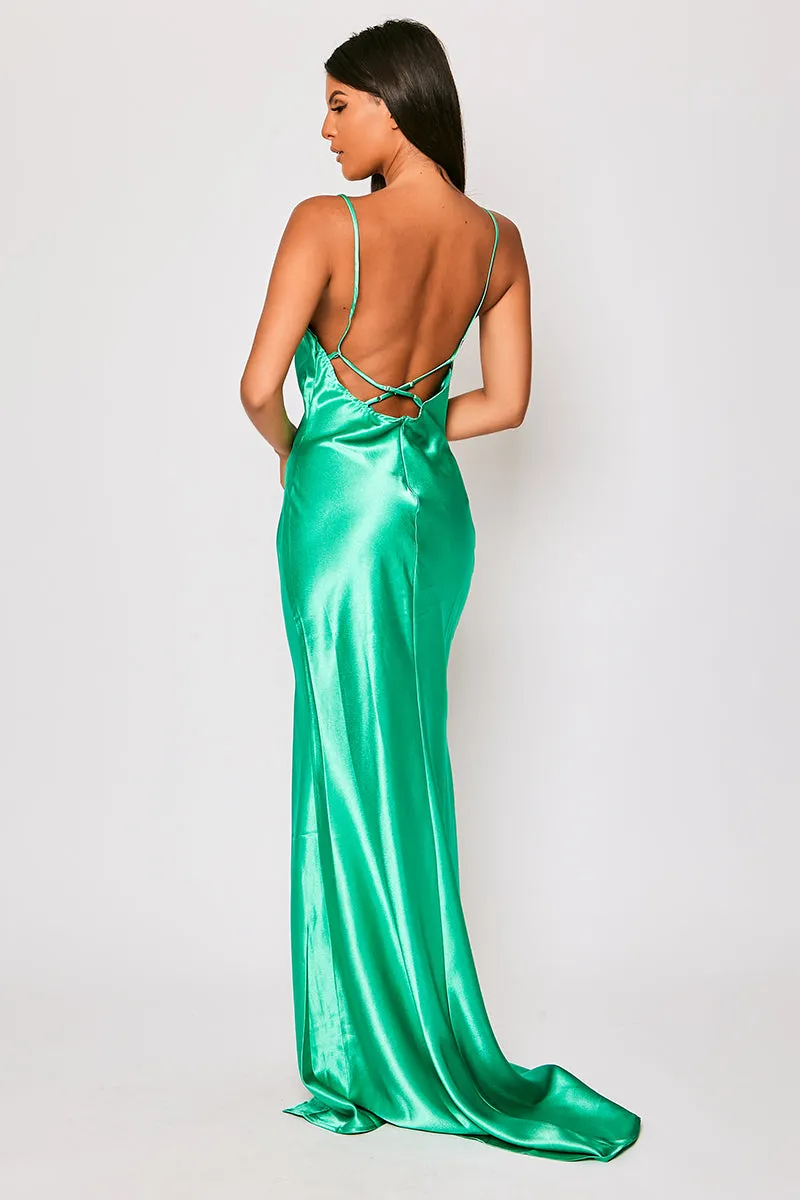 Aurora - Green Satin Backless Cowl Neck Evening Dress