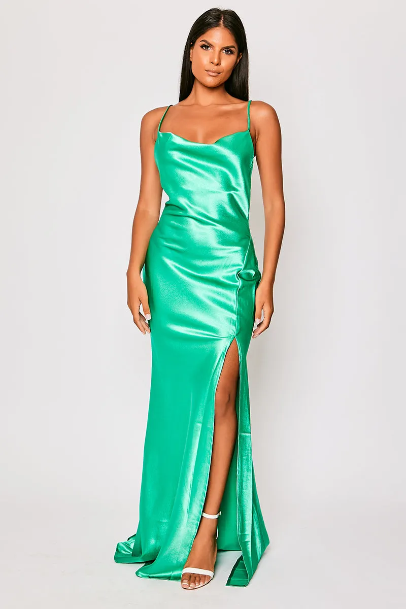 Aurora - Green Satin Backless Cowl Neck Evening Dress