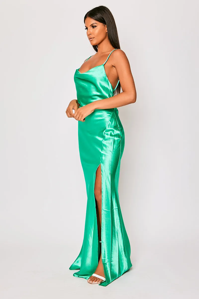 Aurora - Green Satin Backless Cowl Neck Evening Dress