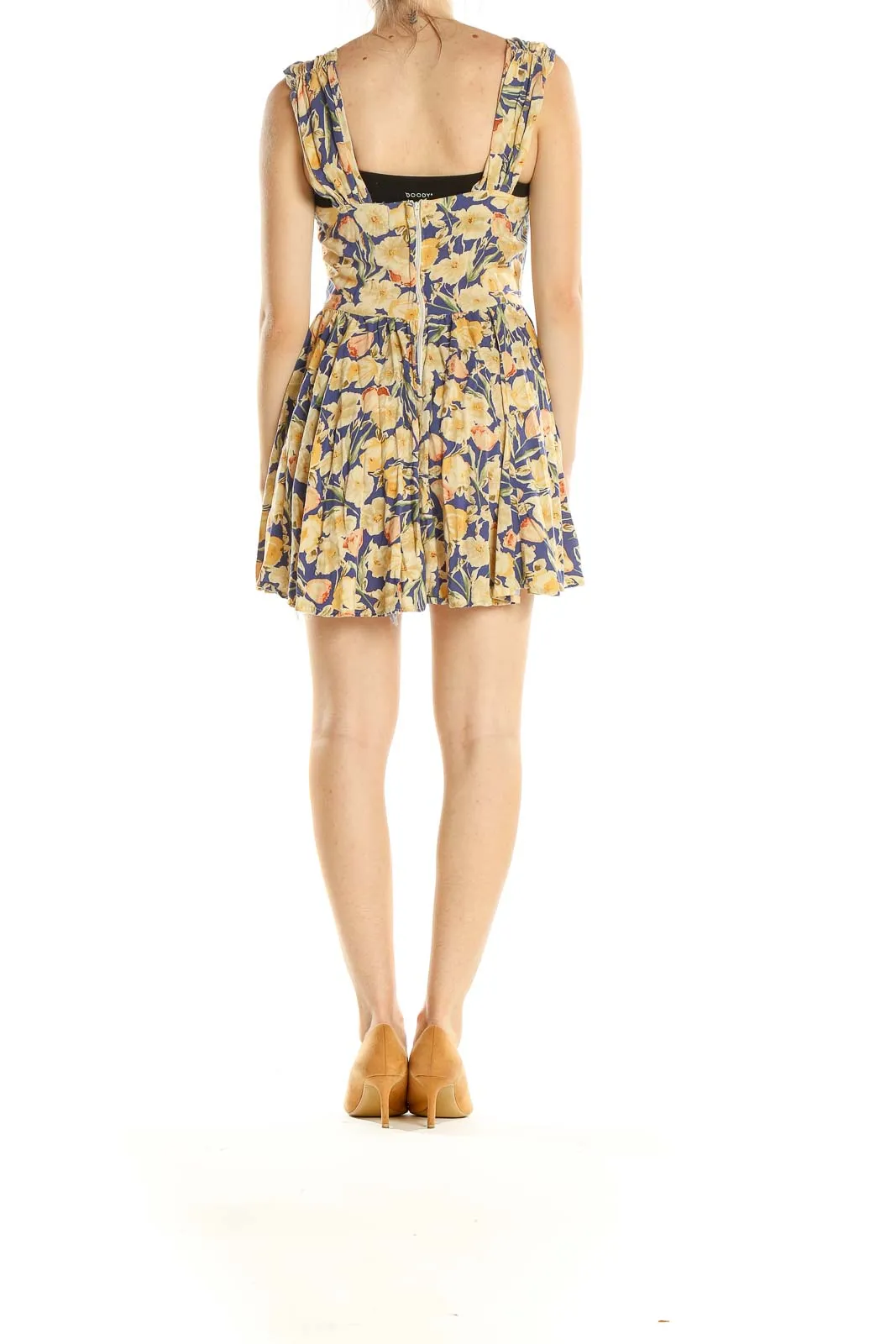 Beige Blue Floral Print Day Fit & Flare Mini Dress