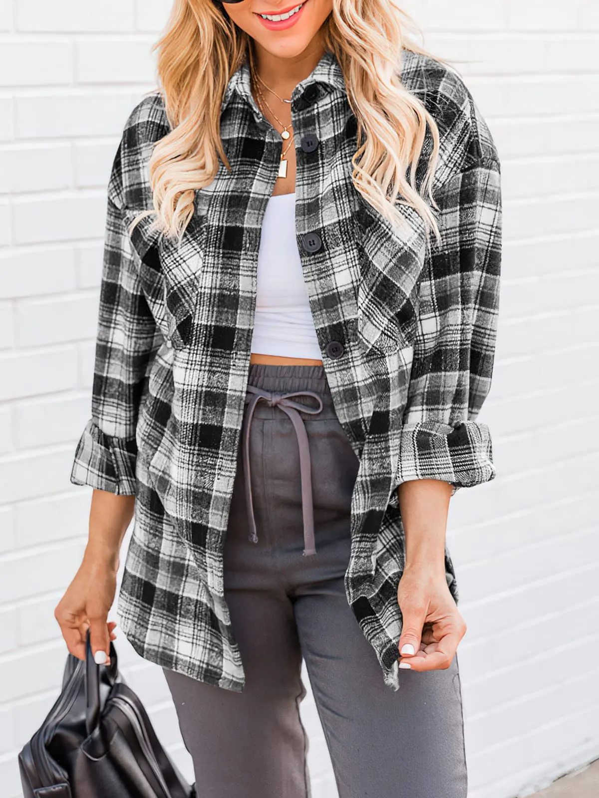 Black And White Womens Casual Plaid Shirts Color Block Long Sleeve Lapel Button Jacket Coats with Pockets - LOGENE