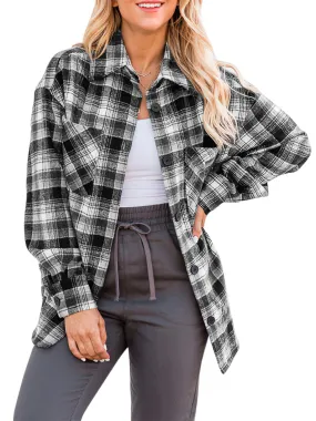 Black And White Womens Casual Plaid Shirts Color Block Long Sleeve Lapel Button Jacket Coats with Pockets - LOGENE