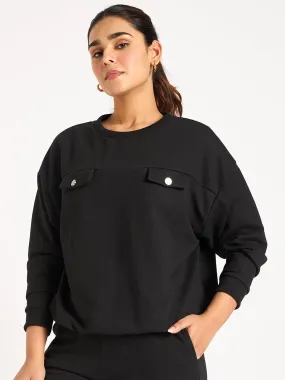 Black Elasticated Bottom Detail Terry Sweatshirt