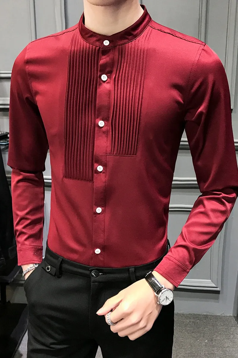 British Style Stand Collar Tuxedo Shirt Men Long Sleeve Slim Fit