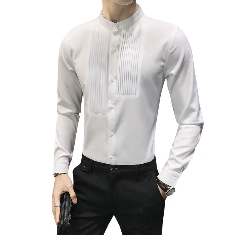 British Style Stand Collar Tuxedo Shirt Men Long Sleeve Slim Fit