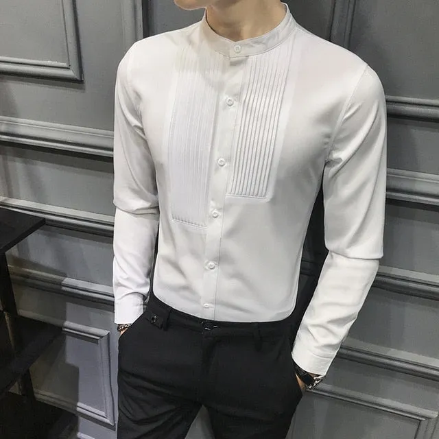 British Style Stand Collar Tuxedo Shirt Men Long Sleeve Slim Fit