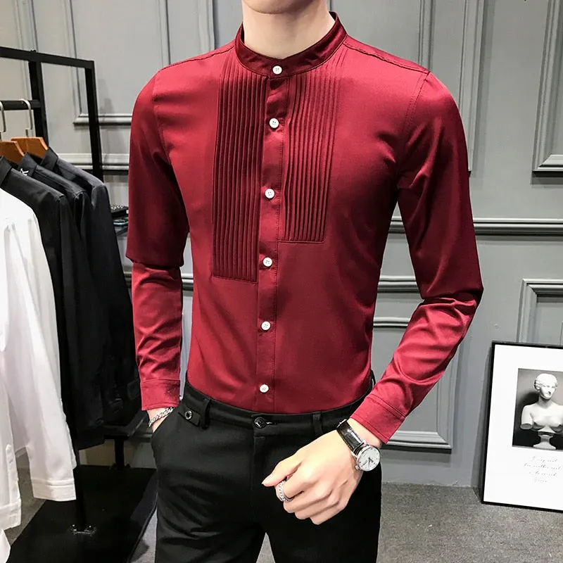 British Style Stand Collar Tuxedo Shirt Men Long Sleeve Slim Fit