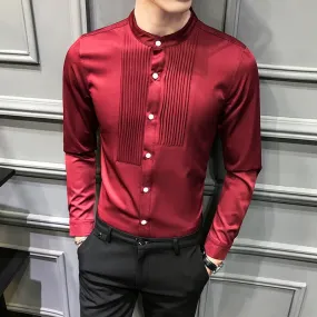 British Style Stand Collar Tuxedo Shirt Men Long Sleeve Slim Fit