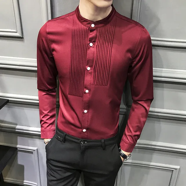 British Style Stand Collar Tuxedo Shirt Men Long Sleeve Slim Fit