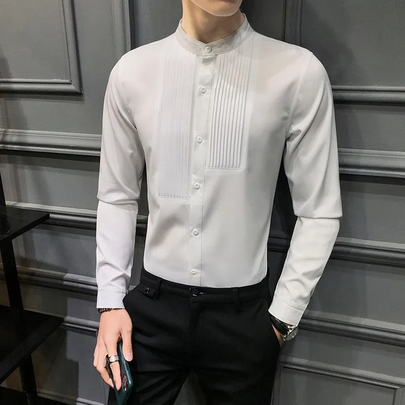 British Style Stand Collar Tuxedo Shirt Men Long Sleeve Slim Fit