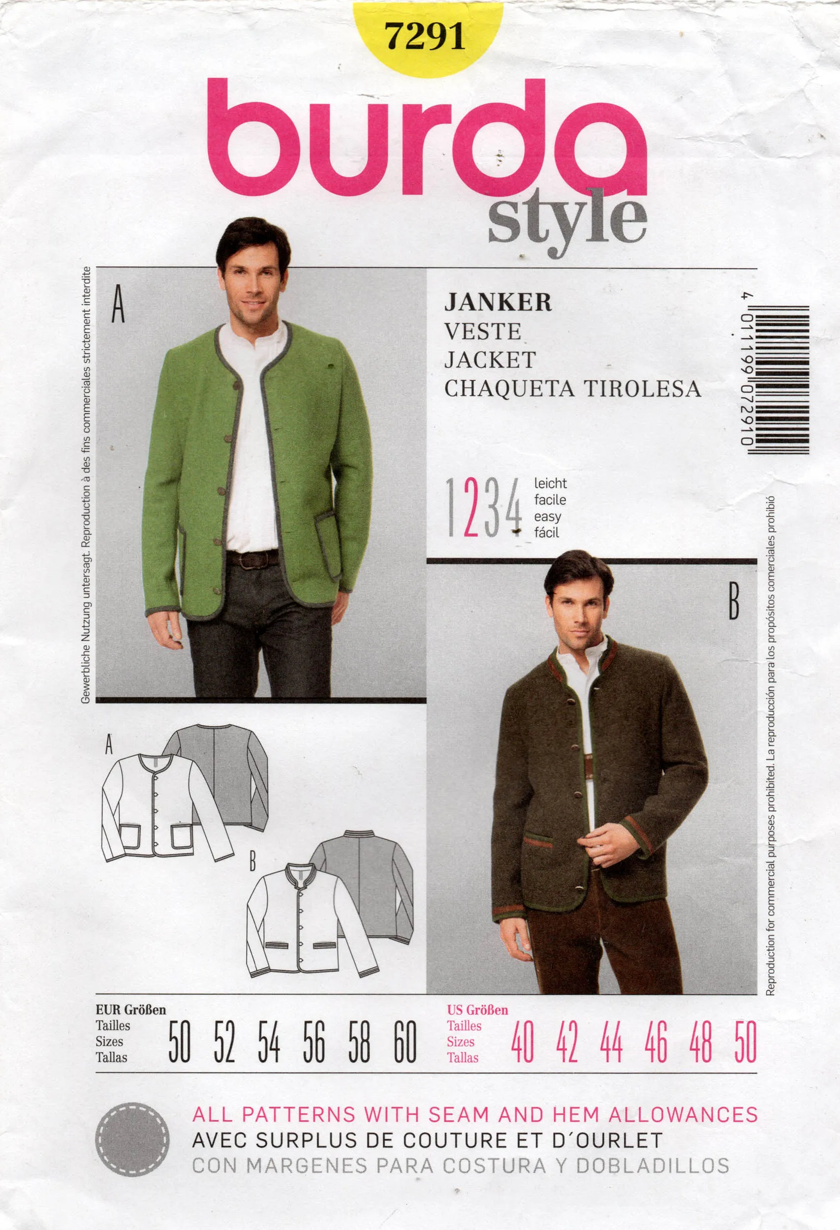 Burda Style 7291 Mens Contrast Edged Cardigan Style Jacket Out Of Print Sewing Pattern Size 40 - 50 UNCUT Factory Folded