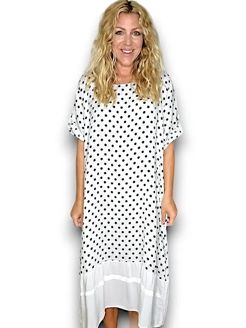 BUTTON SLEEVE LINEN SOLID HEM DRESS POLKA DOT WHITE