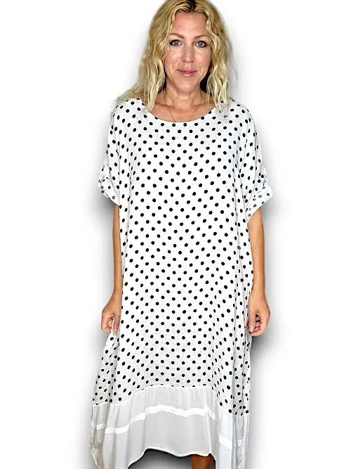 BUTTON SLEEVE LINEN SOLID HEM DRESS POLKA DOT WHITE