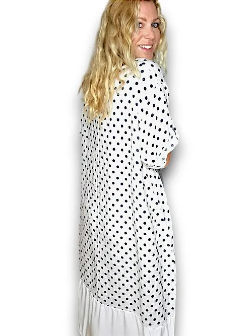 BUTTON SLEEVE LINEN SOLID HEM DRESS POLKA DOT WHITE