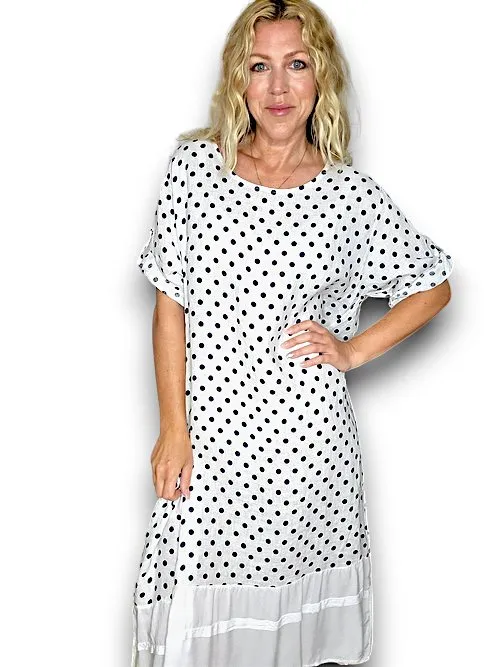 BUTTON SLEEVE LINEN SOLID HEM DRESS POLKA DOT WHITE