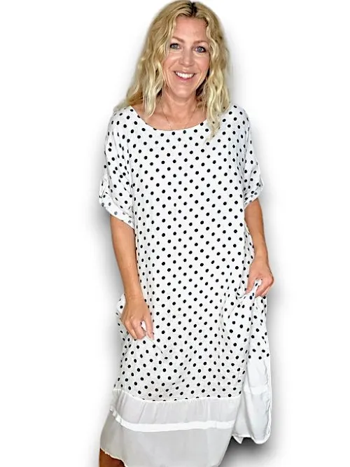 BUTTON SLEEVE LINEN SOLID HEM DRESS POLKA DOT WHITE