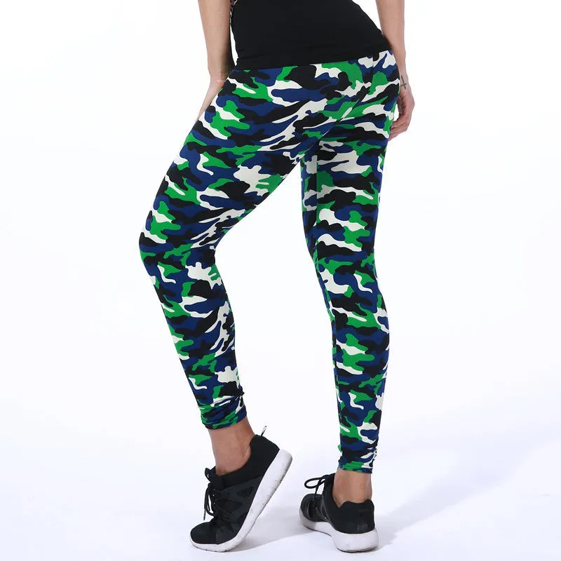 Camouflage Letters Printed Flower Brushed Milk Leggings