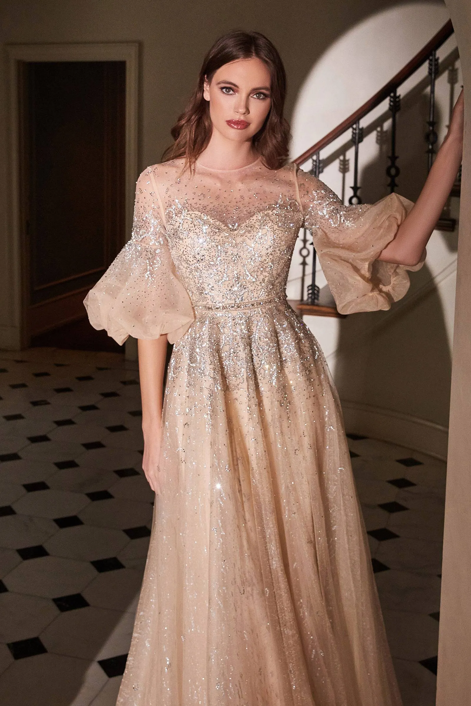 Cinderella Divine B703 Ladivine Champagne Ball Gown with Flowing Sleeves