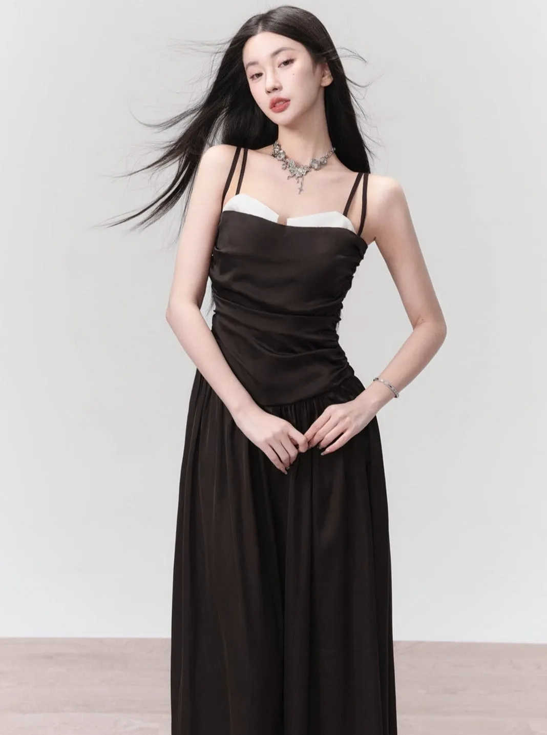 Classic Black Spaghetti Strap Midi Dress with Ruched Bodice