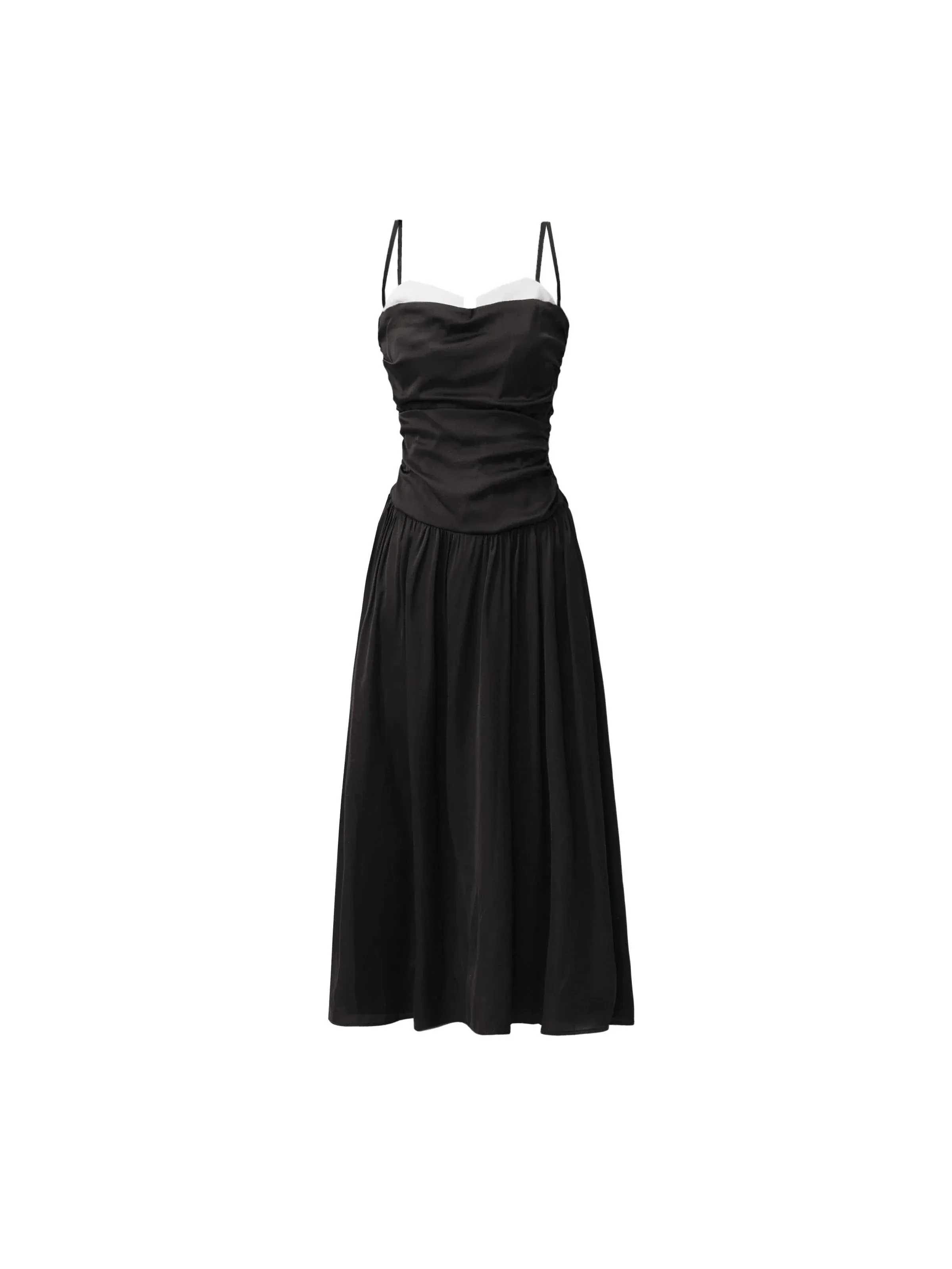 Classic Black Spaghetti Strap Midi Dress with Ruched Bodice