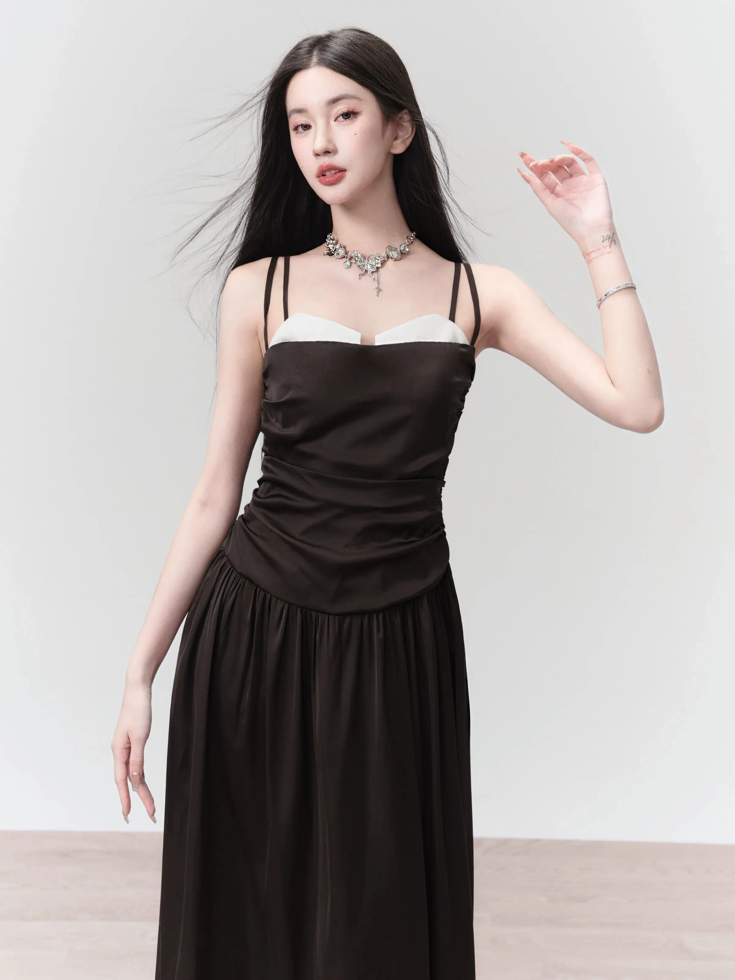 Classic Black Spaghetti Strap Midi Dress with Ruched Bodice