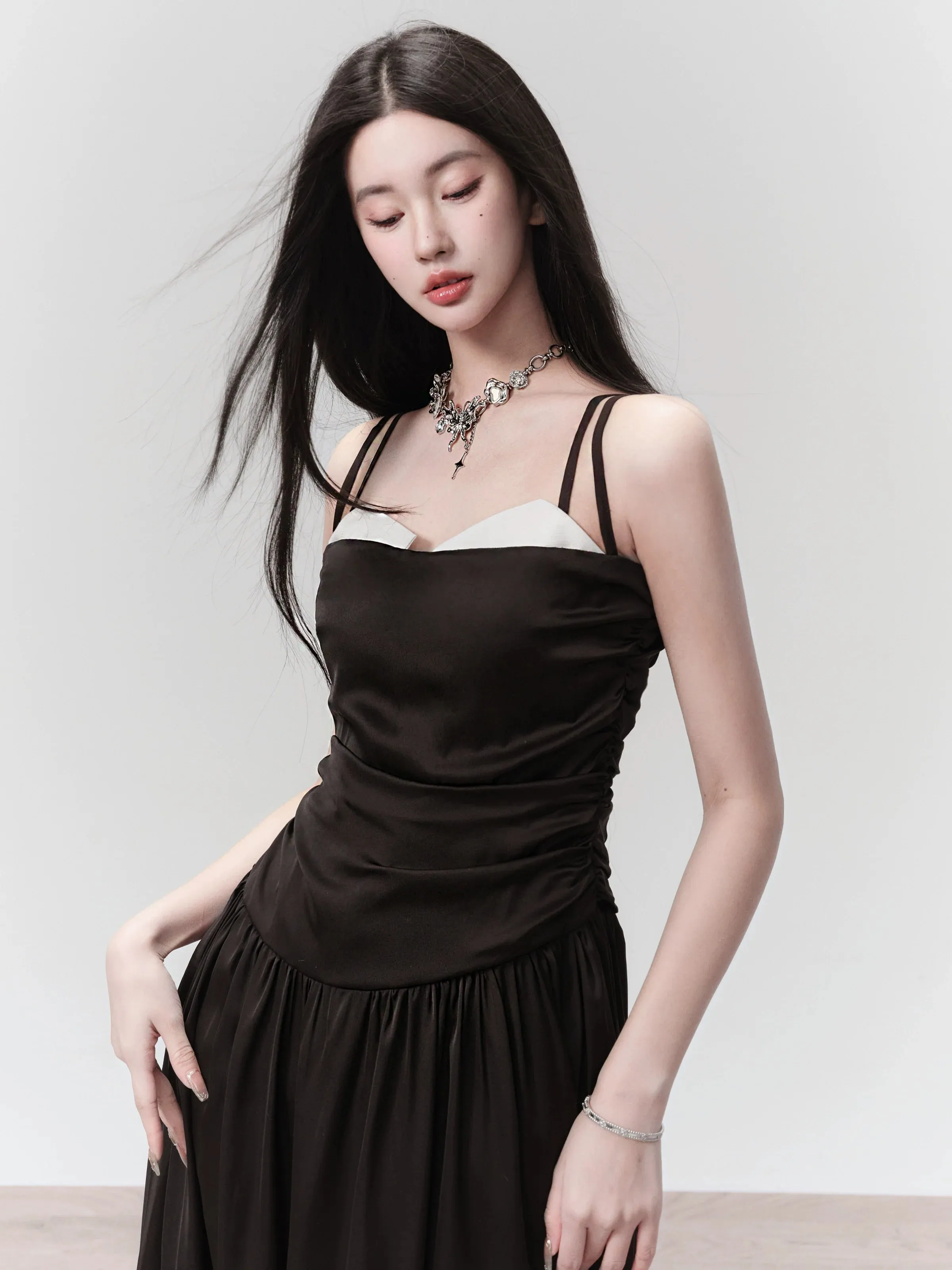 Classic Black Spaghetti Strap Midi Dress with Ruched Bodice