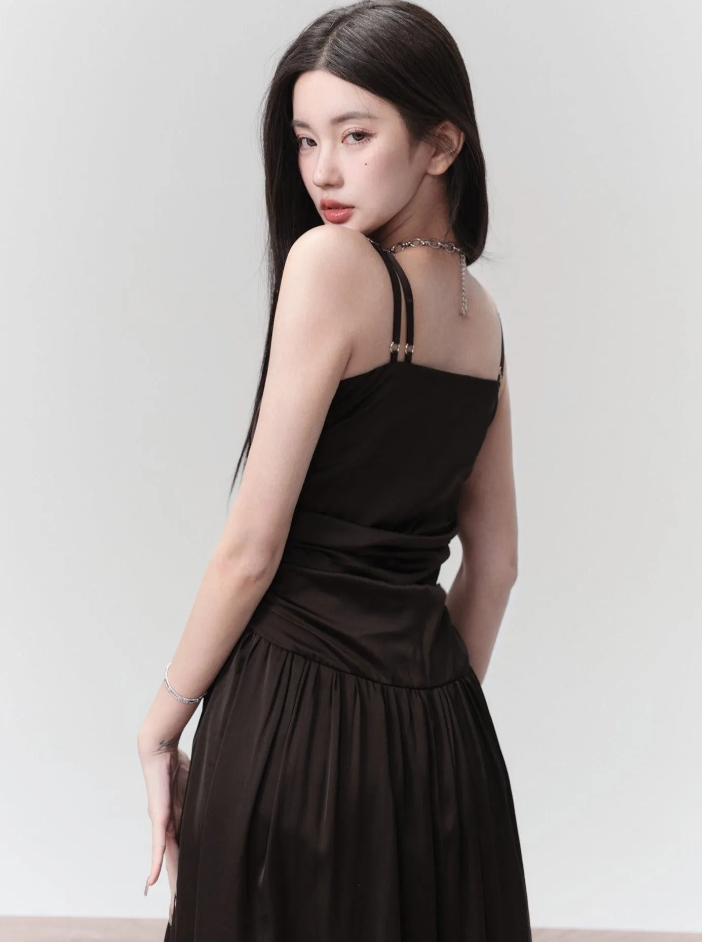 Classic Black Spaghetti Strap Midi Dress with Ruched Bodice