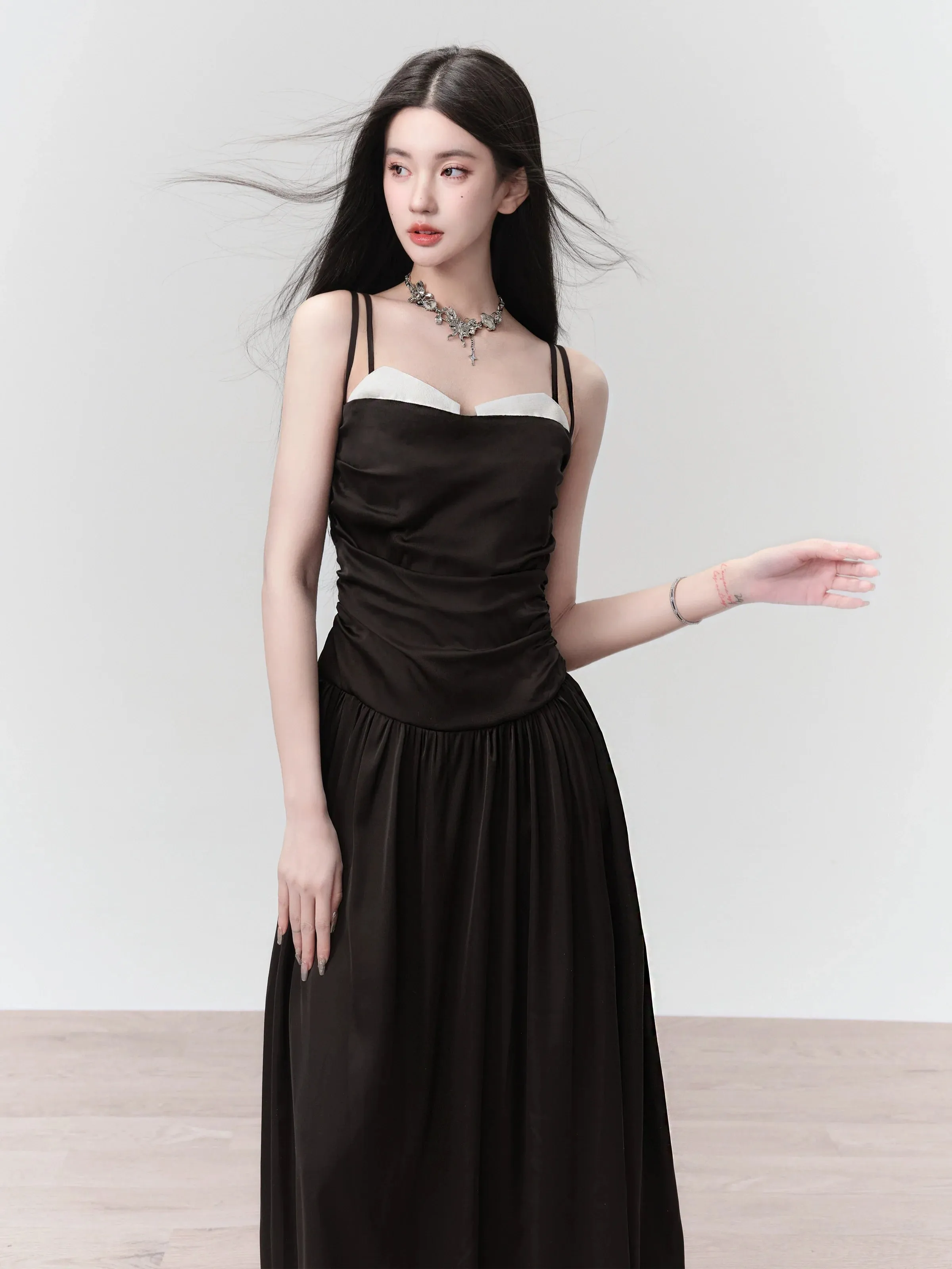 Classic Black Spaghetti Strap Midi Dress with Ruched Bodice