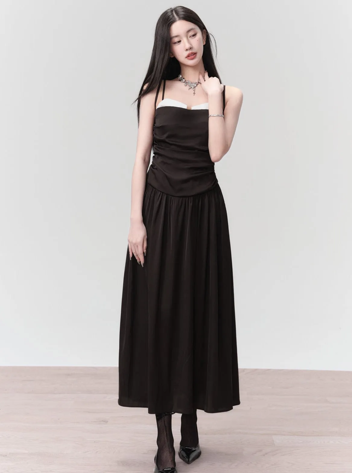 Classic Black Spaghetti Strap Midi Dress with Ruched Bodice